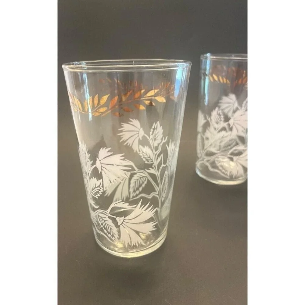 Set 3‎ Vintage MCM Federal Glass White & Gold Drinking Glasses Tumbler Light Wt.